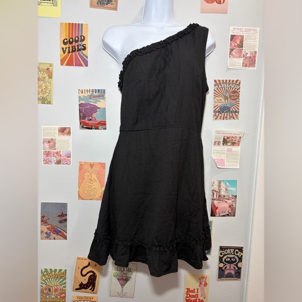 Blue Rain Black One-Shoulder Ruffle Dress